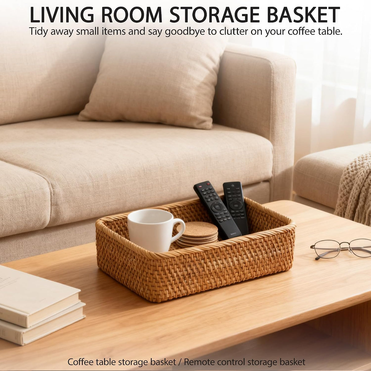 Rattan Storage Basket, Rectangular Desktop Organizer for Home