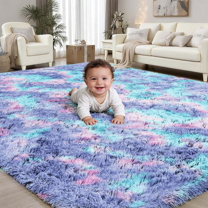 Rainbow Fluffy Rugs for Girls Bedroom: 5x7 Large Shag High Pile Area Rug