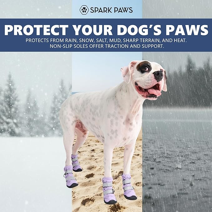 Spark Paws Dog Shoes, Waterproof Dog Boots for Medium to Large Dogs, Non Slip, Breathable Dog Booties and Paw Protectors - 4PCS Doggie Hiking Boots with Reflective Straps - Lilac, Size 1