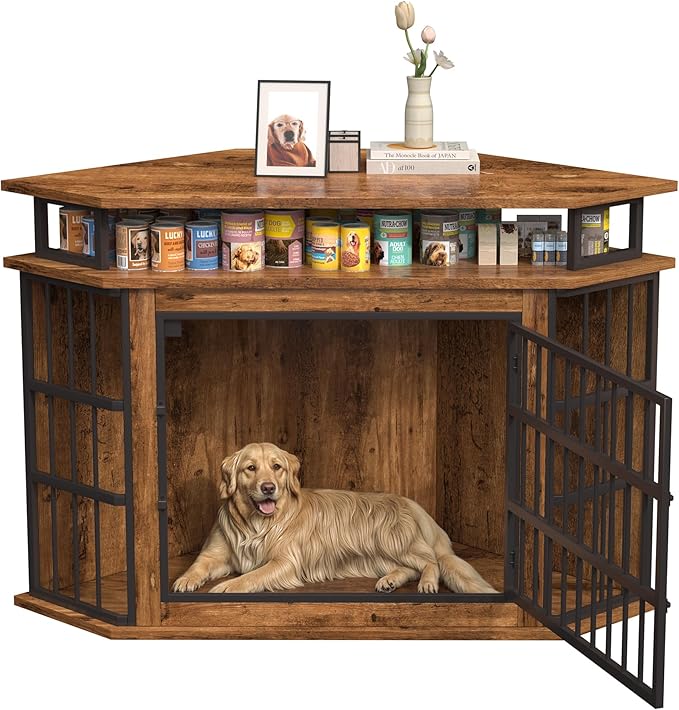 Corner Dog Crate Furniture with 2-Tier Shelves，51" Large Dog Kennel with Storage Indoor Wooden TV Stand, Modern Dog Cage Decorative Pet House, Rustic Brown