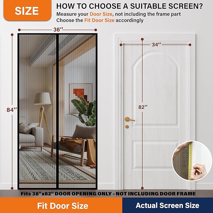 Magnetic Screen Door，Screen Door Mesh，Keep Bugs Out, Heavy-Duty Mesh Curtain,Pet and Kid Friendly, Works with Front Doors, Sliding Doors（34 x 82 Inch ‎Black