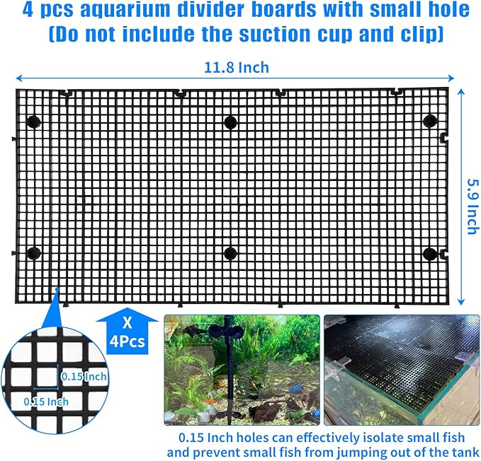 Adjustable Platic Grip Panel Aquarium Fish Tank Divider Filter Bottom DIY Plastic Grid Fish Tank Isolation Board Plastic Egg Crate Tray (Black, 4pcs 11.8X5.9 Inch with 0.15 Inch Hole)