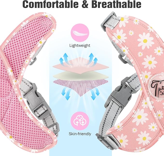 Pawaboo Small Dog Harness and Leash Set, Puppy Harness X-Frame No Pull No Choke, Dog Vest Harness Adjustable for Small Medium Sized Dogs,Soft Breathable Pet Harness for Walking Outing, L, Pink Daisy