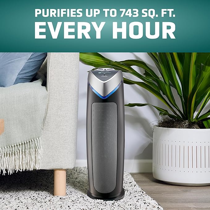 GermGuardian 4-In-1 HEPA Air Purifier for Home, Large Rooms Up To 743 Sq. Ft. with HEPA Air Filter, UV-C Light & Odor Reduction, AC4825E, 22" Tower, Gray