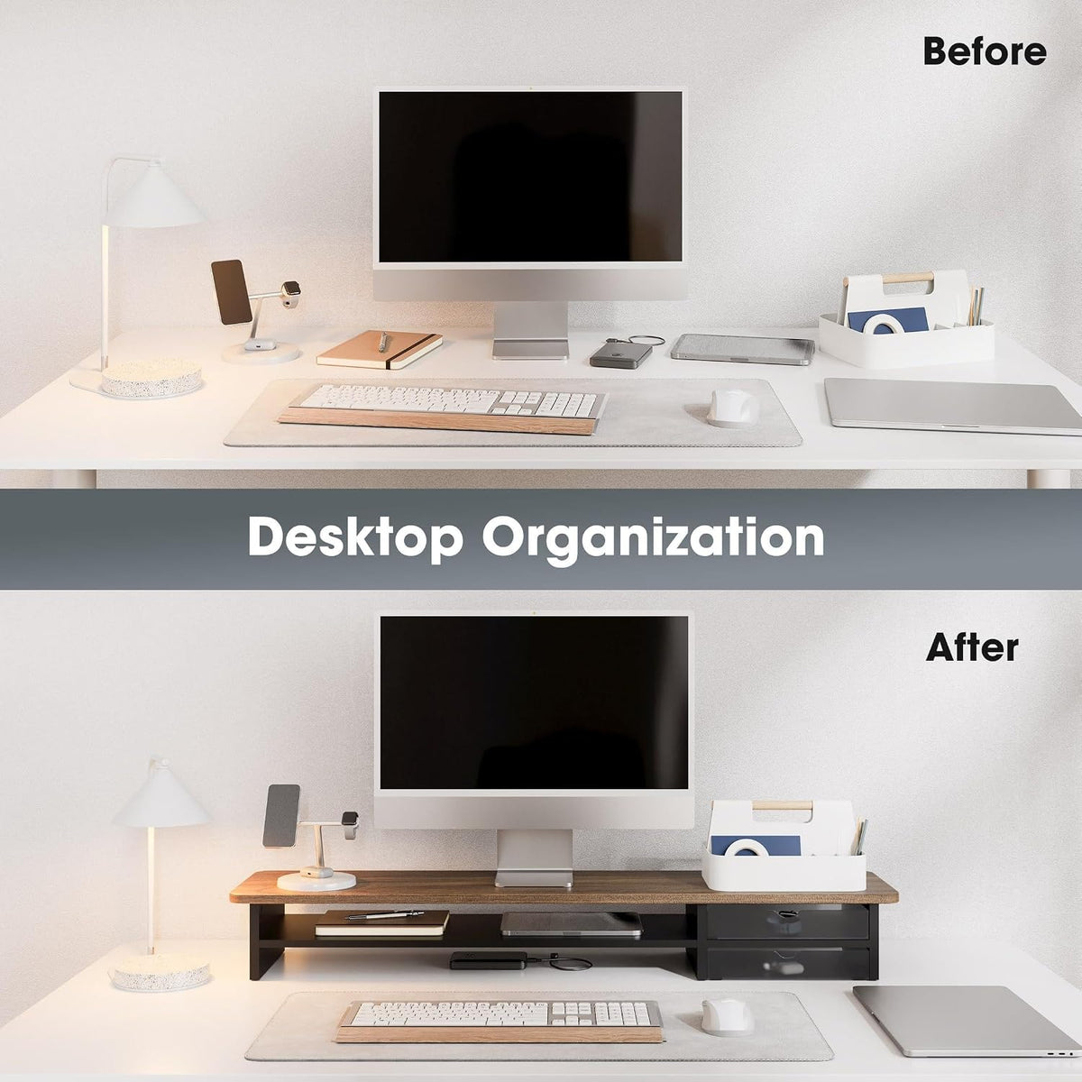 Fenge Monitor Stand, Desk Computer Riser with Frosted Storage Drawer, Brown