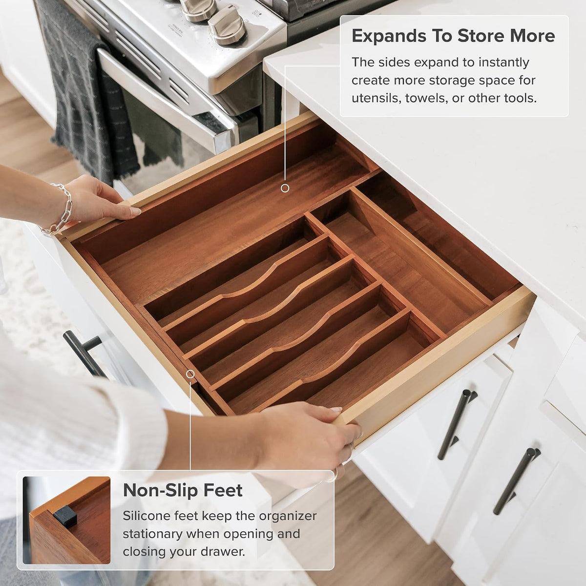 KitchenEdge Silverware & Utensil Drawer Organizer, 10.5-19 in, Acacia