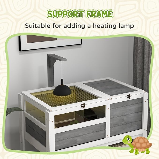 PawHut Tortoise Habitat with Shelf Storage, Tortoise Enclosure with Weather Protection, Reptile Enclosure with Tray, Light Support Frame, Light Gray