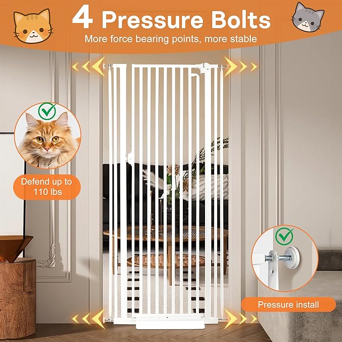 71“ Extra Tall Cat Gate for Doorway: 33.4-37.4” Wide Pet Gate, Auto Close/One Handed Open, 1.34” Extra Small Gap, No Drill Pressure Mount Tall Cat Gate for Interior Stairs/Kitchens/Hallways (White)