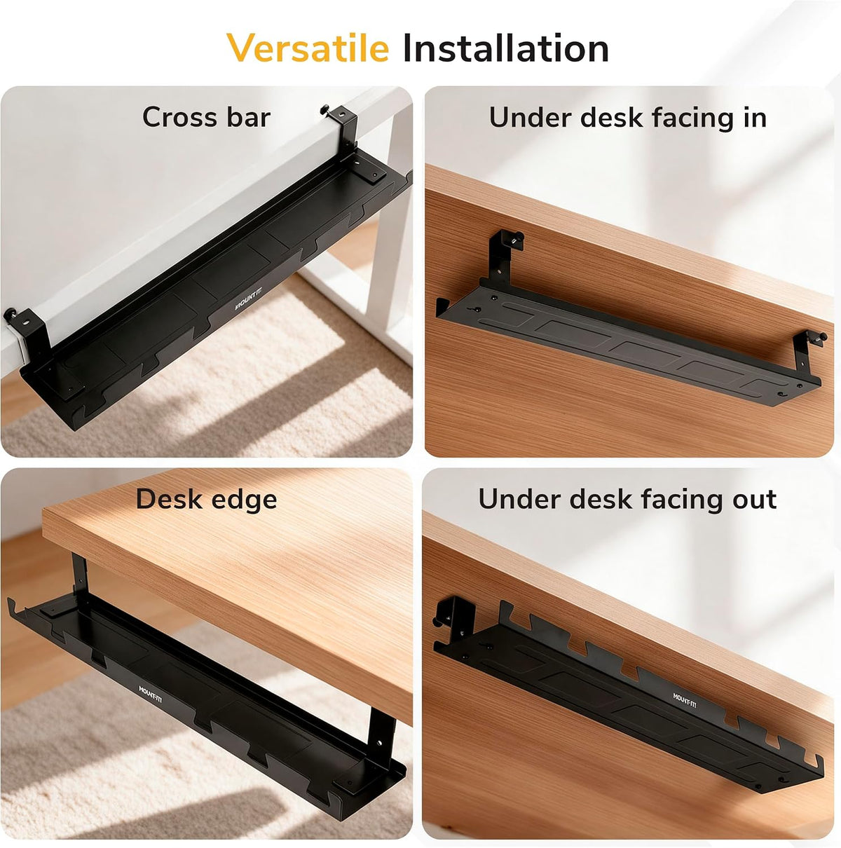Mount-It! Premium Under Desk Cable Management Tray – 23" Heavy-Duty Steel Cable Tray & Cord Basket for Standing Desk & Home Office, Secure Crossbar or Screw Mount Wire Organizer (Black)
