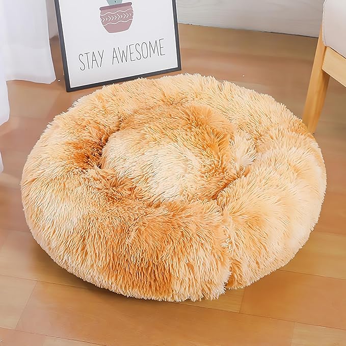 Calming Dog Bed for Small Dogs, Calming Donut Cuddler Pet Bed Anti Anxiety Round Dog Bed Fluffy Plush Faux Fur Cat Bed,Gradient Yellow,31.5IN