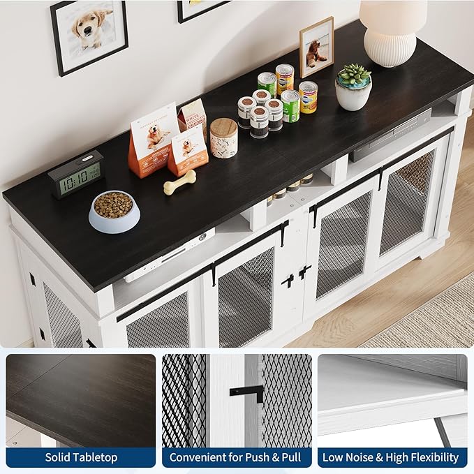 71'' Dog Crate Furniture for 2 Dogs, Extra Large Double Dog Kennel Indoor with Removable Divider and Storage Drawers, Wooden Dog Crate TV Stand for Large Medium Dogs