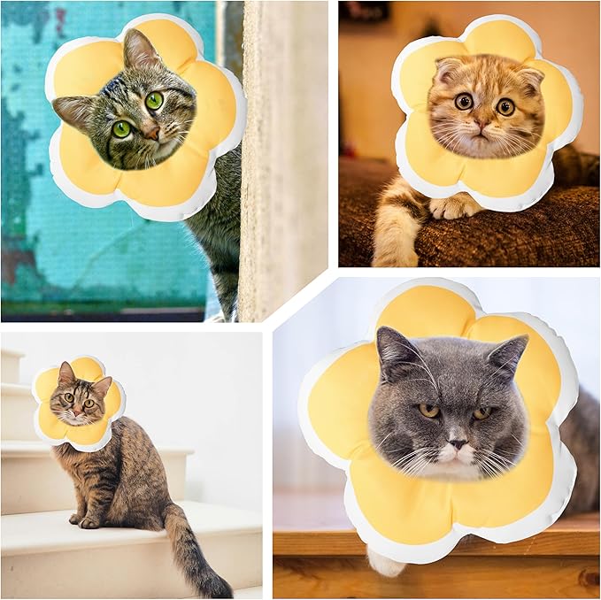 Cat Cone Collar Soft, Waterproof Cats Cones to Stop Licking After Surgery, Adjustable Soft Elizabeth Cats Collars for Wound Healing, Flower Shape Cat Recovery Collar (Yellow, Medium)
