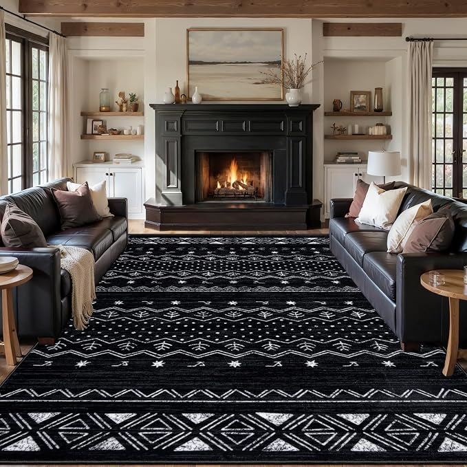 SERISSA 9x12 Area Rugs for Living Room, Washable Non-Slip Black and White Boho