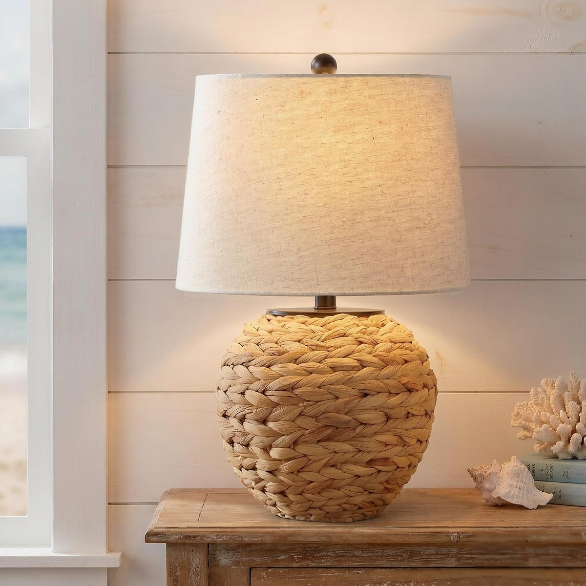 PARTPHONER 23’’ Rattan Table Lamp with Natural Woven Water Hyacinth Basket Base & Linen Drum Shade, Boho Farmhouse Bedside Lamp for Living Room Bedroom, Includes 3-Color Temperature LED Bulb