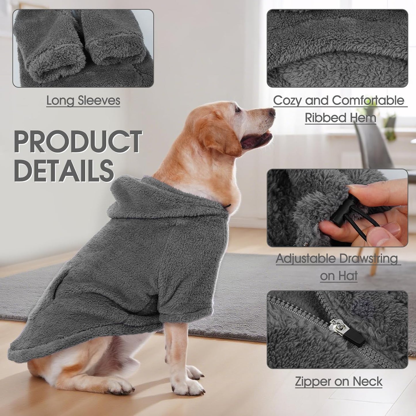 IDOMIK Fuzzy Dog Sweater with Adjustable Hood, Warm Fleece Dog Sweater Hoodie with Harness Hole & Pocket, Pullover Sweaters for Medium Dogs, Fuzzy Hooded Sweatshirt for Fall Winter Christmas,Grey,M