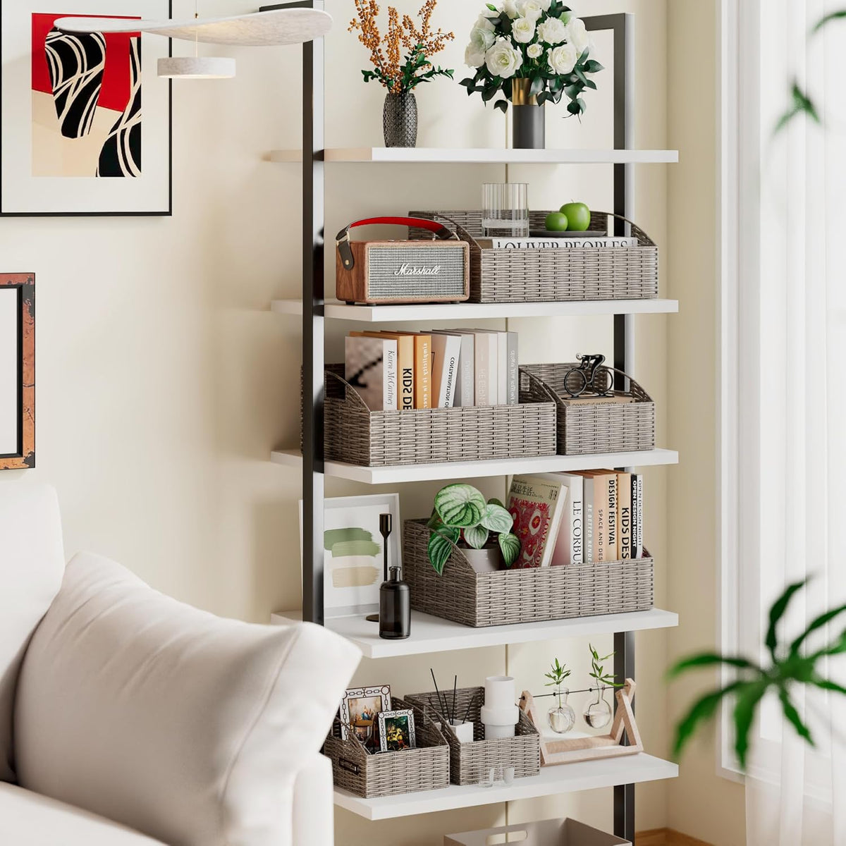 Pantry Baskets Organization, Wicker Storage Bin Shelf Grey