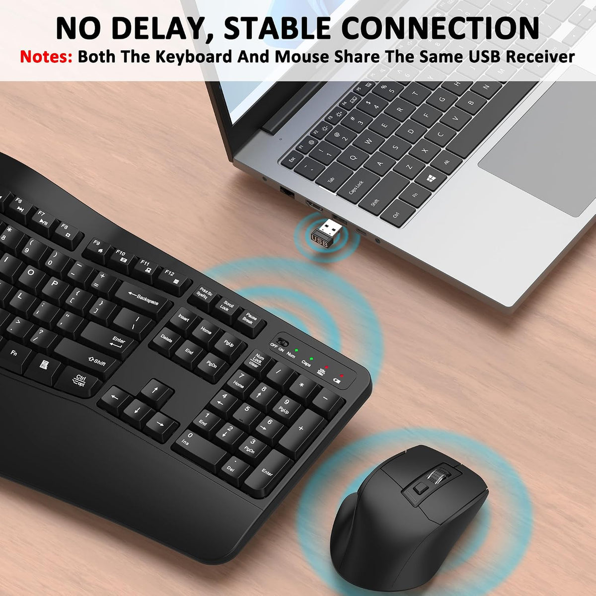Wireless Keyboard and Mouse Combo, 2.4G Ergonomic Wave Keys(Black)