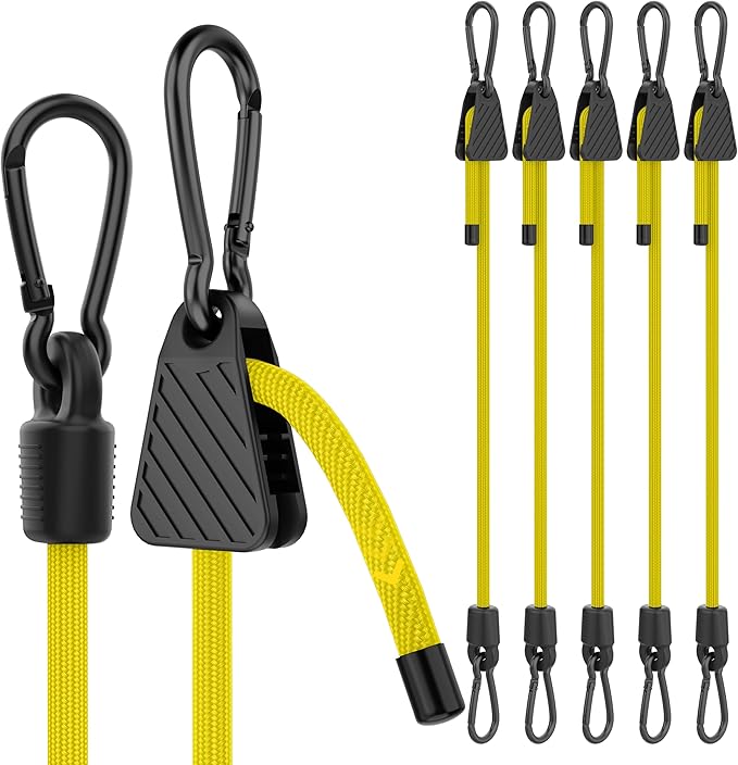 Bungee Cords with Hooks, 48 Inch Adjustable Yellow Bungee Cords with Carabiner Heavy Duty Outdoor, 8mm Thick Easy to Adjust Bungee Rope UV Resistant for Truck Bed, Bike Rack, Camping, 6 Pack