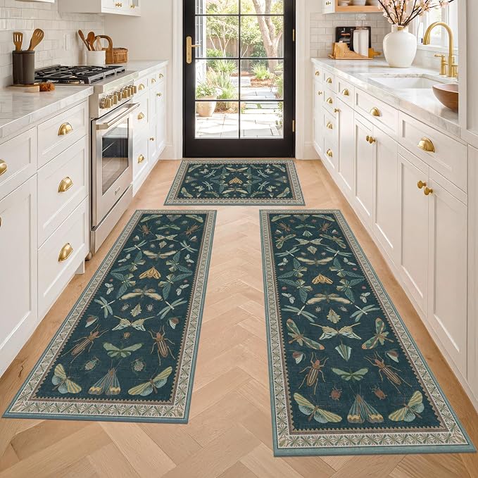 JTJ Botanical Insect Kitchen Rug Set of 3, Washable and Non-Slip Low Pile Floor