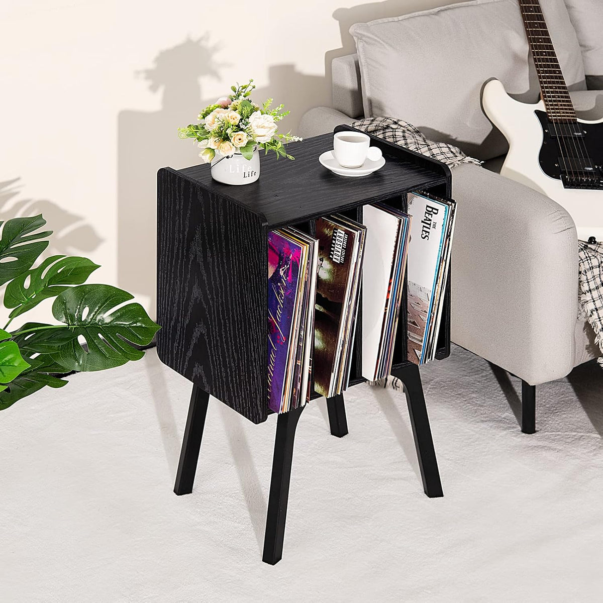 LELELINKY Small Record Player Stand, 4 Cabinet Vinyl Storage Table, Black