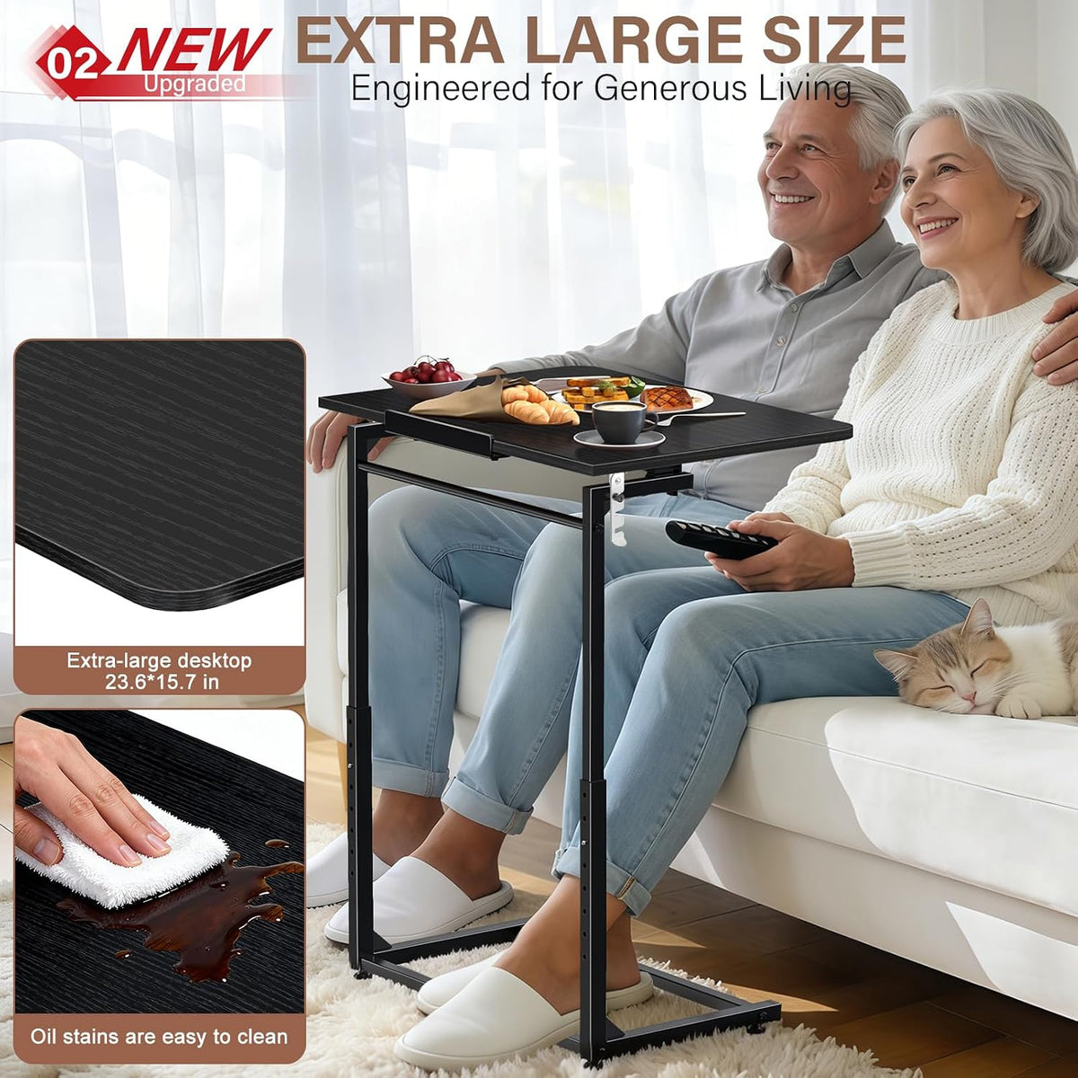 Extra Large Heavy Duty TV Tray Table, 23.6" Folding C-Shaped Laptop Desk for Couch & Bed, Height & Tilt Adjustable Overbed End Table with Phone/Tablet Slot, Easy Clean Black Finish for Small Spaces