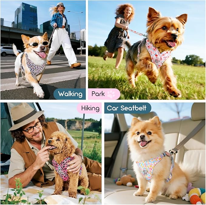 Pawaboo Small Dog Harness and Leash Set, Puppy Harness X-Frame No Pull No Choke, Dog Vest Harnesses Adjustable for Small Medium Sized Dogs,Soft Breathable Pet Harnesses for Walking, XS, Pink Leopard