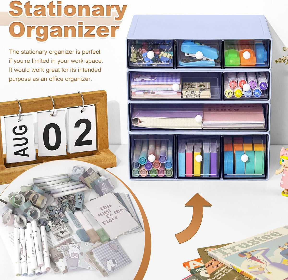 Desk Organizer with 9 Drawers, 4 Tier Plastic Stackable Storage Drawers for Desk Storage, Office Stationary Makeup Organizer Suit for Home, Office and School