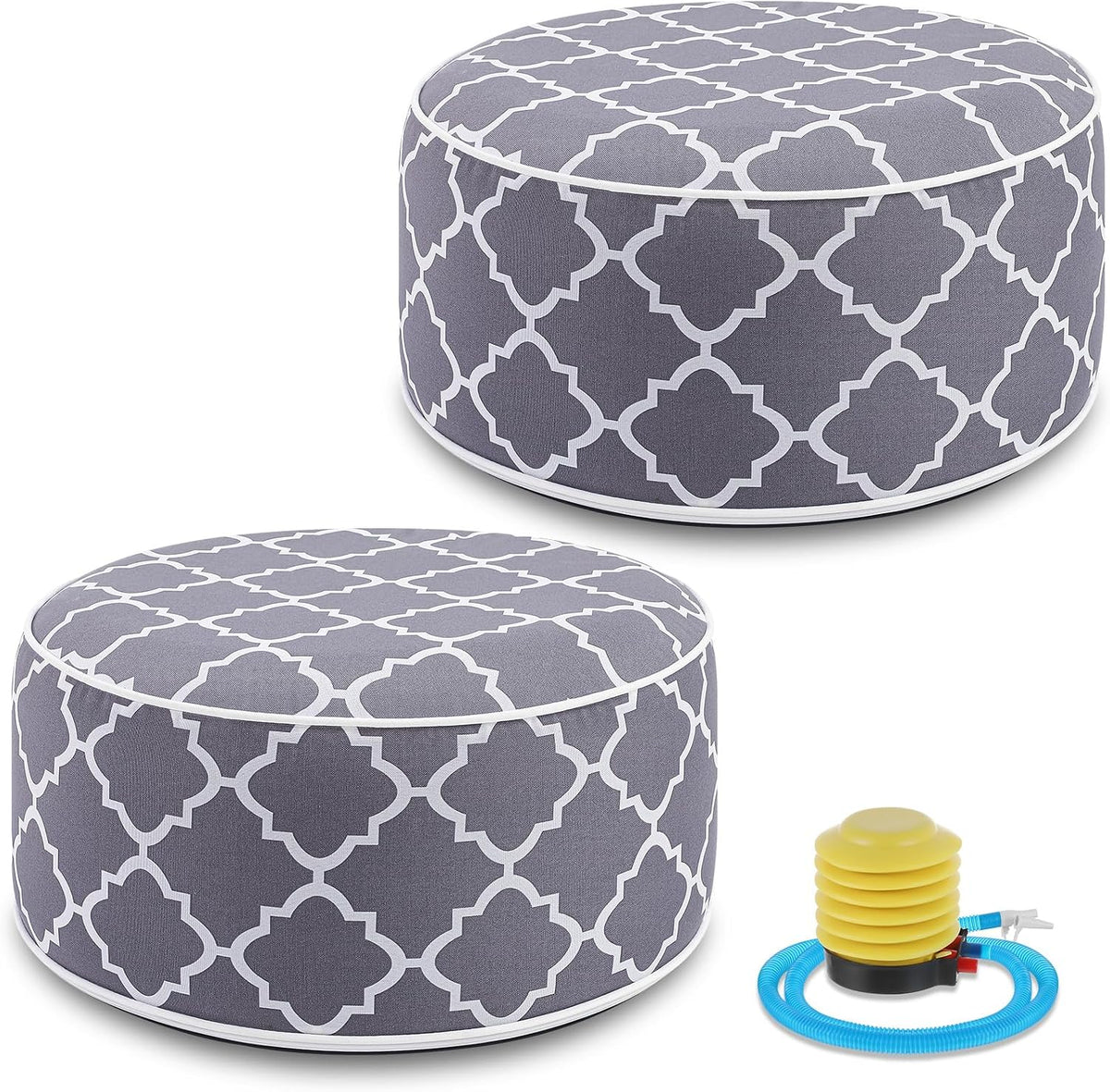 Juexica 2 Pack Inflatable Outdoor Ottoman Pouf Waterproof Round Footrest with Handle D21 x H9 Inch Indoor Outdoor Portable Footstool Pouf for Patio Garden Camping or Home Pool(Classic)