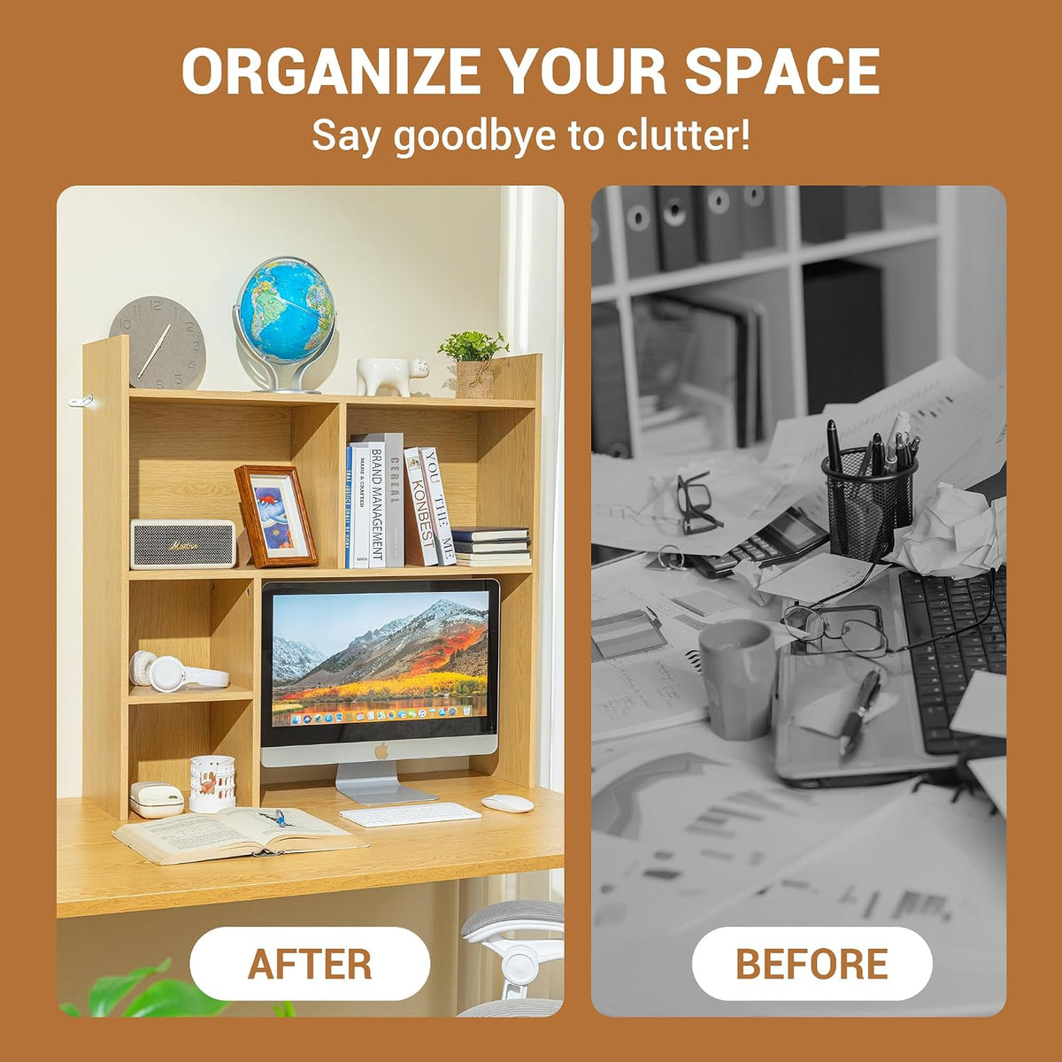 deli Desktop Shelf, Desk Hutch with 5 Shelves for Computer Desk, Natural