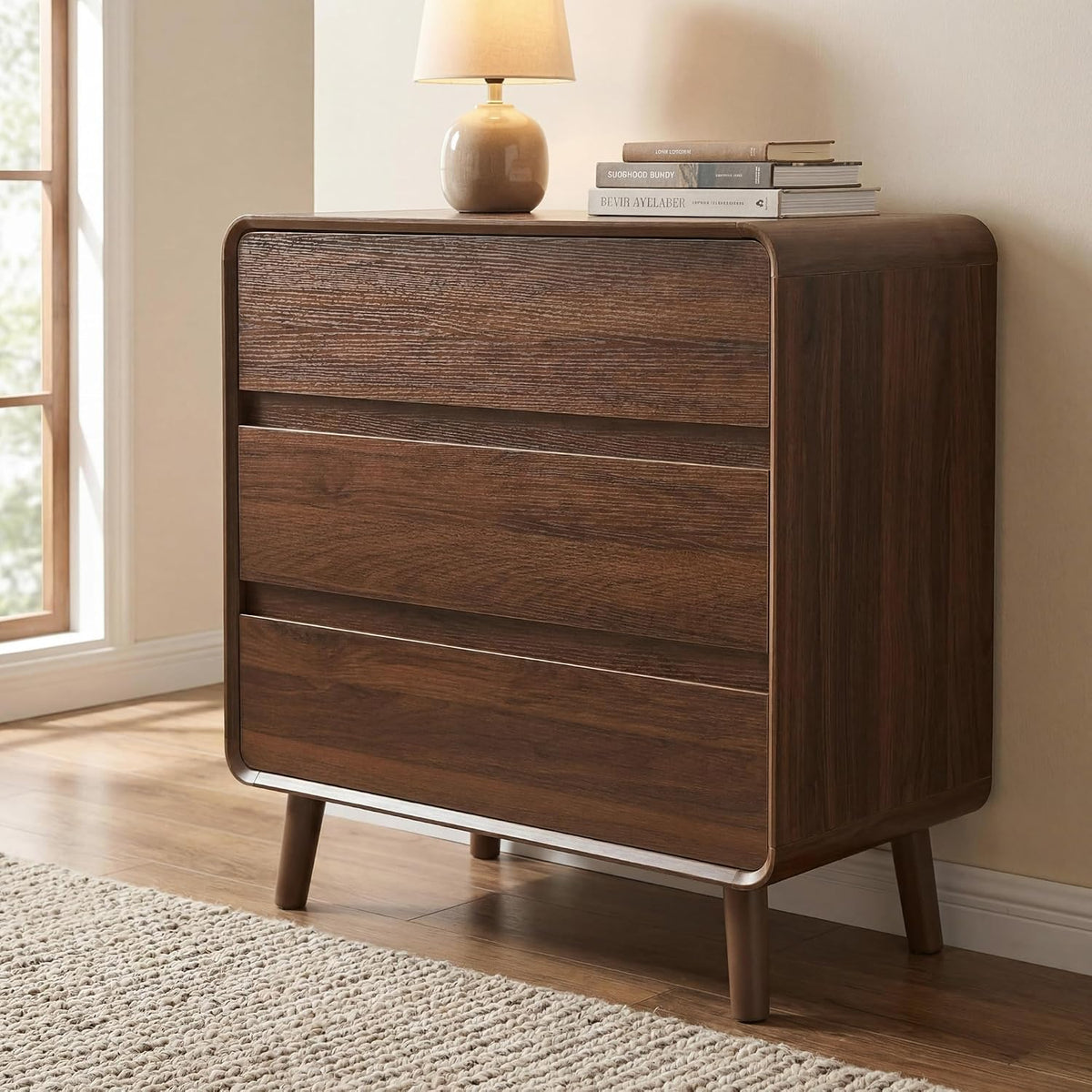 Nasonet 3 Drawer Dresser for Bedroom, Mid Century Modern Chest of Drawers, Curved Dresser with Storage Drawer, Wooden Bedroom Furniture Drawer for Closet, Home Office, Walnut