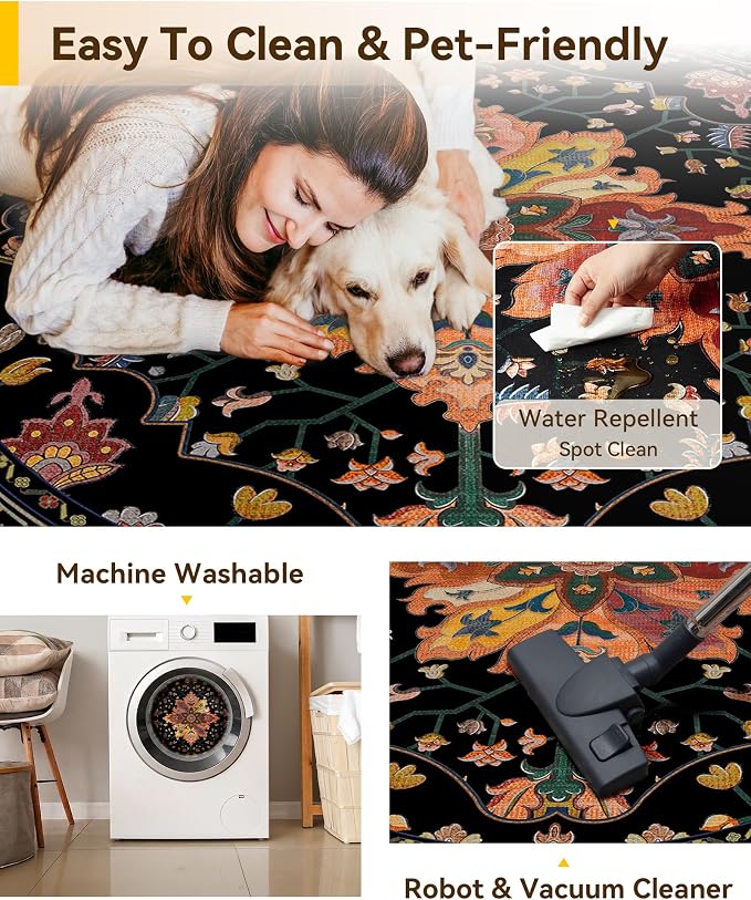 RELEANY Area Rugs Round 8ft Washable Non-Slip, Floral Vintage Distress