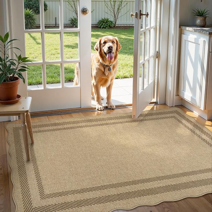 LIVEBOX Scalloped Easy Jute 3x5 Outdoor Rug, Washable Non-Slip Geometric Tan