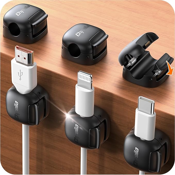 6Pack Cord Organizer - Chfeila [Dual Spring & Clasp Lock] Cable Management Clips, Adhesive Phone Charger Keeper, Compact Wire Holder for Nightstand/Car, Home Office Desk Accessories Decor Essentials