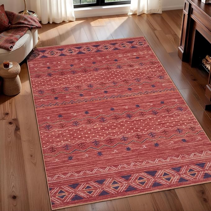 SERISSA 3x5 Area Rugs for Living Room, Washable Non-Slip Red Ochre Small Boho
