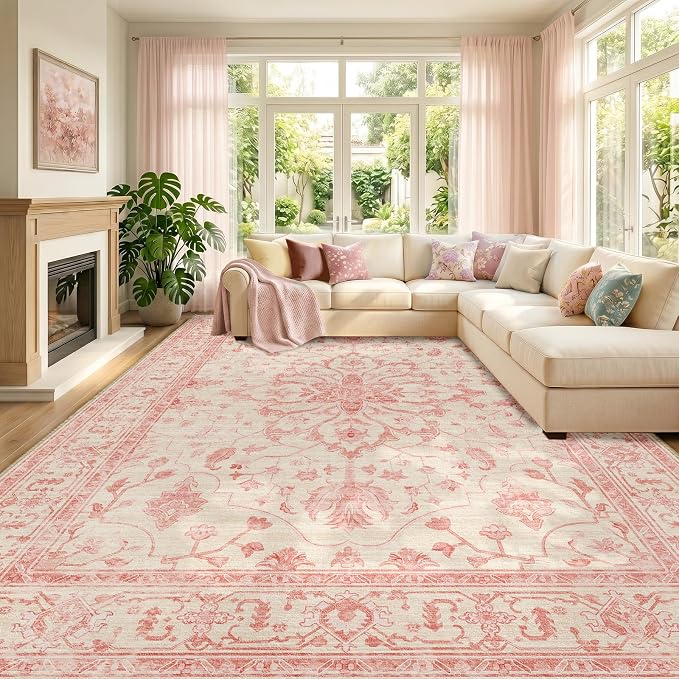 RELEANY Area Rugs Large 9'x12' Washable Non-Slip, Floral Vintage Distress