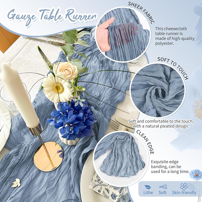 Showgeous 4 Pack Dusty Blue Cheesecloth Table Runner, 17 x 108 Inches | Boho