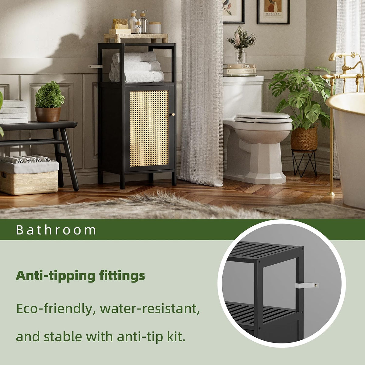 Bamboo Floor Rattan Cabinet, Small Bathroom Storage Organizer Rack with 1 Door and 1 Shelf, Space Saving Wood Kitchen Cupboard, Hallway Side Table, Living Room Freestanding Stand (Black)