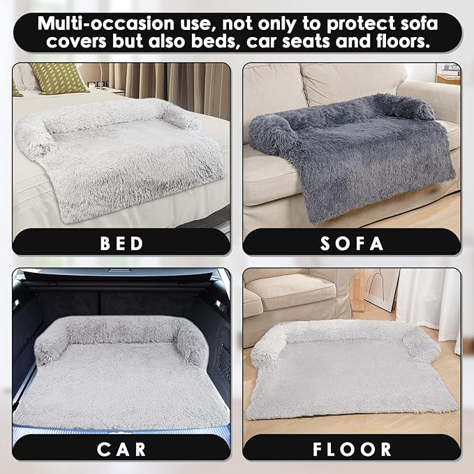 Large Washable Removable Calming Dog Bed,Fluffy Plush Dog Couch Bed,Couch Cover for Dogs with Dogs Landing Furniture Protector,Dog Beds for Large Dogs and Cats.(L(41x37x6),Dark Grey)
