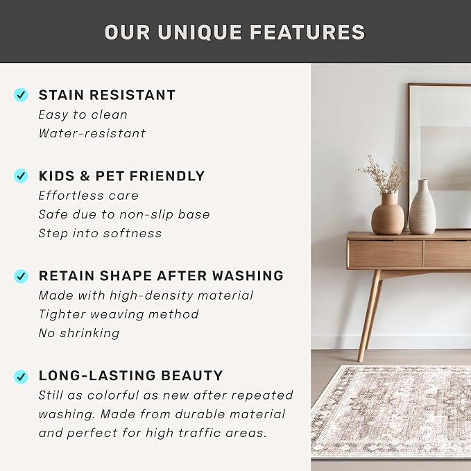 Washable Neutral Farmhouse Living Room Rug, 6x9 Area Rugs