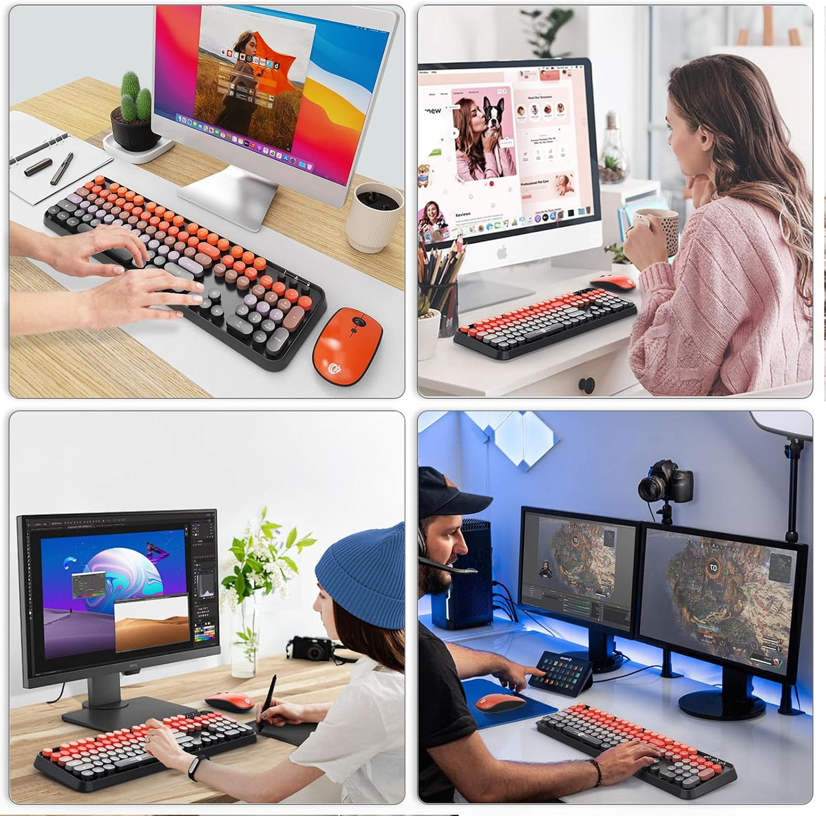 Orange Wireless Keyboard and Mouse Combo,Retro Round Keys, for PC Laptop