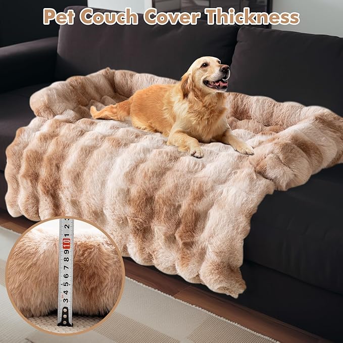 LiveGo Fuzzy Pet Couch Covers for Sofa, Dog Couch Cover Fuzzy Sofa Cover Cream Square Plaid Dog Bed Plush Dog Mat for Furniture Protector for Large Medium Dogs and Cats