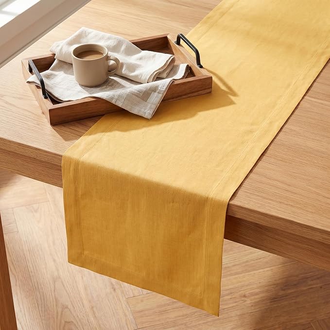 Solino Home 100% Pure Linen Table Runner Mustard Yellow, Fete 14 x 108 in |