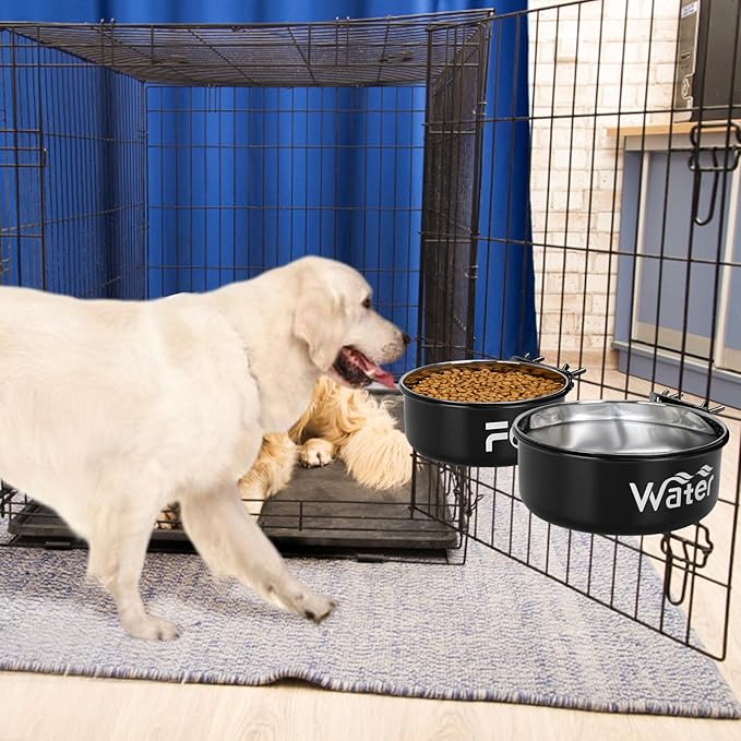 2 Pcs Large Pet Dog Food and Water Bowl Set for Cage, Stainless Steel Non-Spill Kennel Hanging Cats Pets Bowls Crate Feeder Dish with Clamp Holder for Medium Large Dogs Pets (6.3x2.3'' & 7.1x2.5'')
