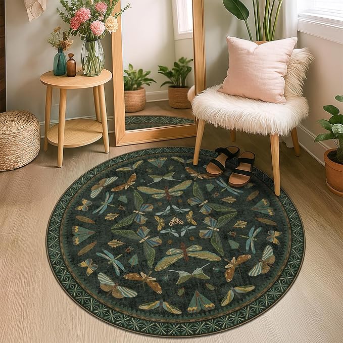 Vintage Dark Green 4ft Round Small Rug