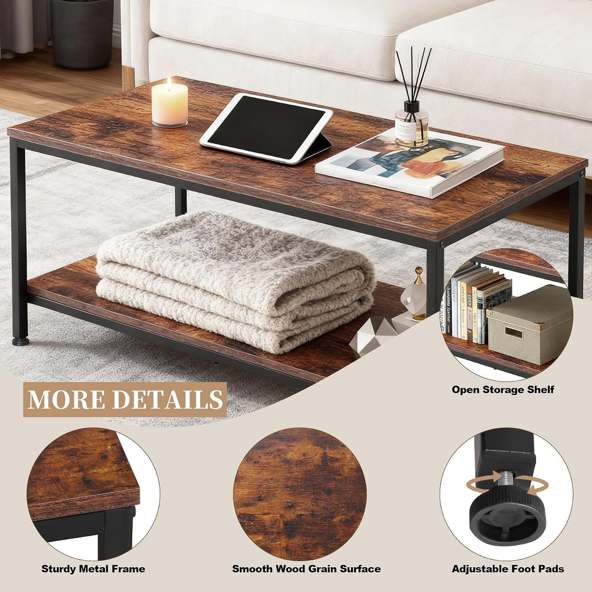 SUPER DEAL 2-Tier Coffee Table with Storage Shelf for Small Apartment Living Room, Rectangle Wood and Stable Metal TV Stand Side End Table, Rustic Brown