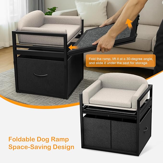 Non Slip Dog Ramp with Seat & Storage Drawers,Extra Wide Doggie Stairs,Metal Frame Puppy Chair for High Bed Couch Office,Dachshunds Ladder,Washable Cushion Pet Step for Small Old Pets Khaki