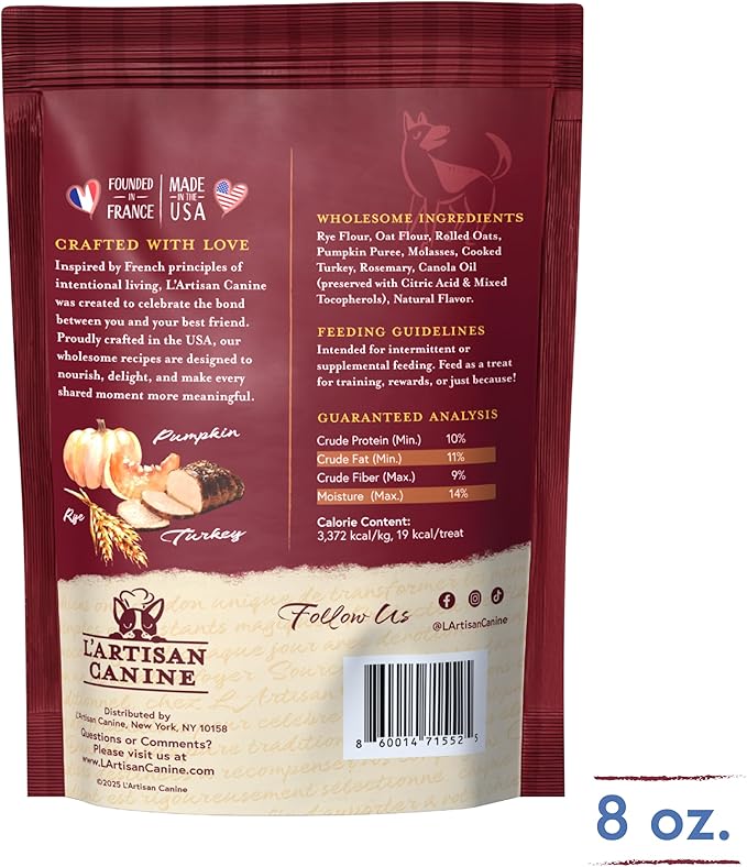 L'artisan Canine Barkerie Biscuits | Crunchy Dog Treats | French Recipes | Made in the USA | 8oz (Turkey)