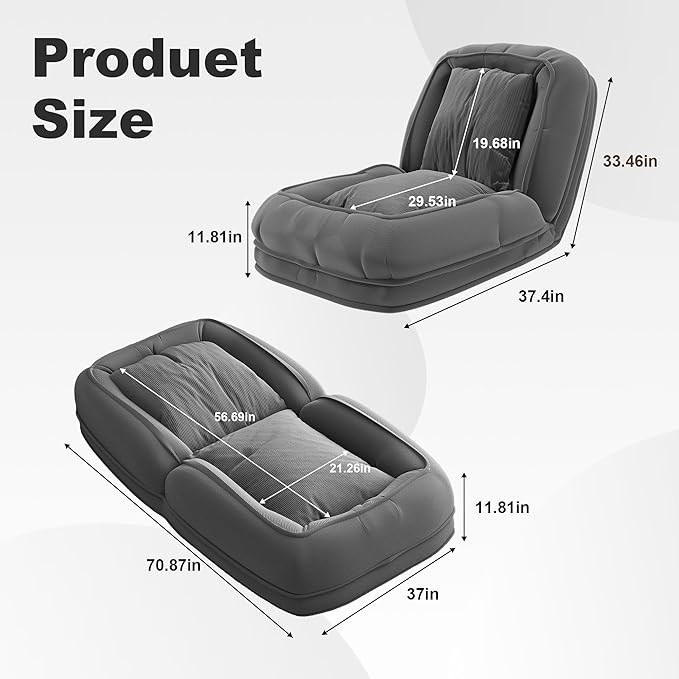 Adjustable 5-Position Human Dog Bed for People, Big Comfy Plush Floor Gaming Lazy Sofa Chair with Pillows & Back Support, Foldable Lounge Loveseat Couch for Living Room Bedroom (Grey①)