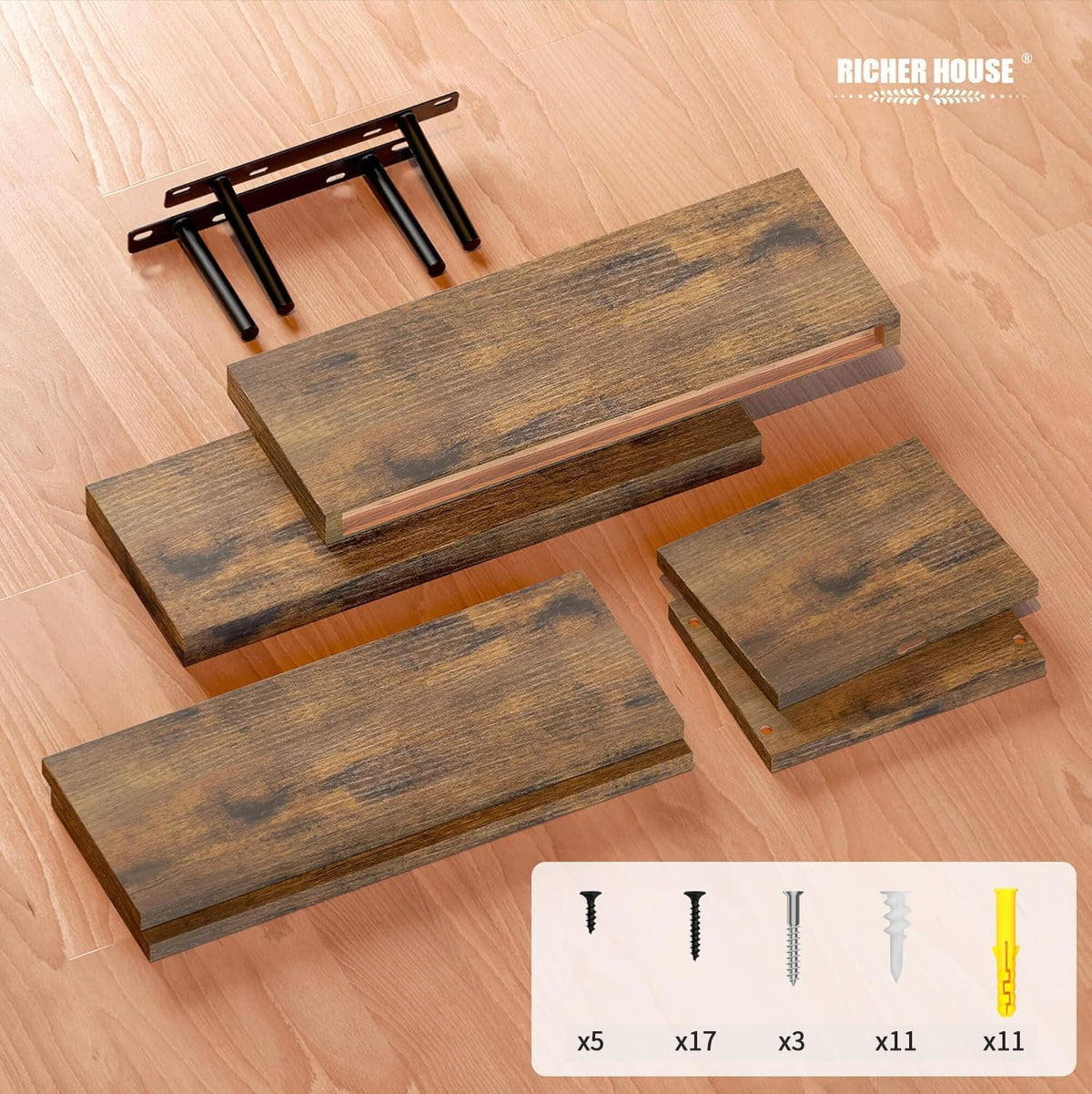 RICHER HOUSE 3-Set Brown Floating Wall Shelves, Bathroom Shelf Over Toilet