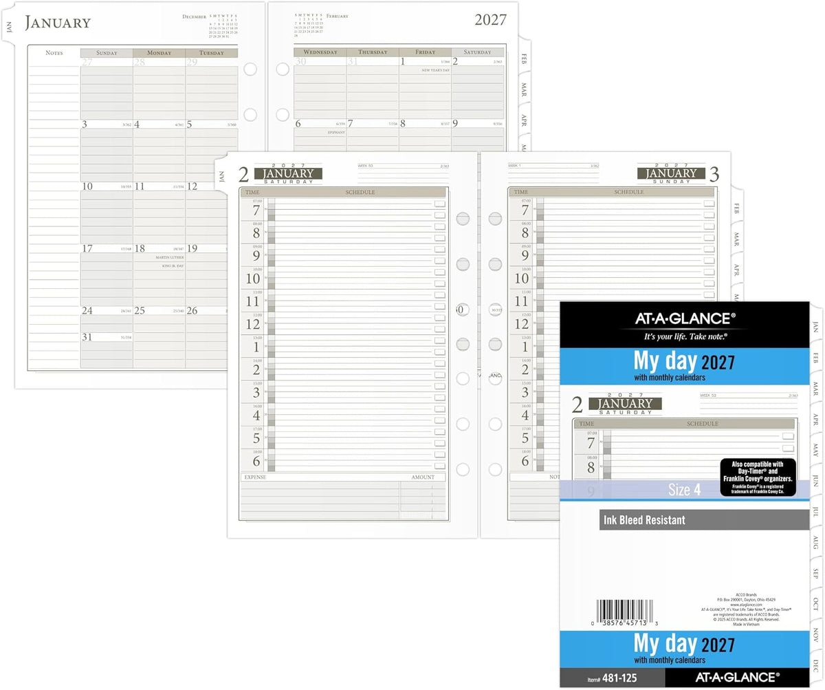AT-A-GLANCE 2027 Planner Refill Daily, 5.5" x 8.5", Desk Size 4, One Page Per Day Refill, 7-Ring Loose-Leaf (481-125-27)